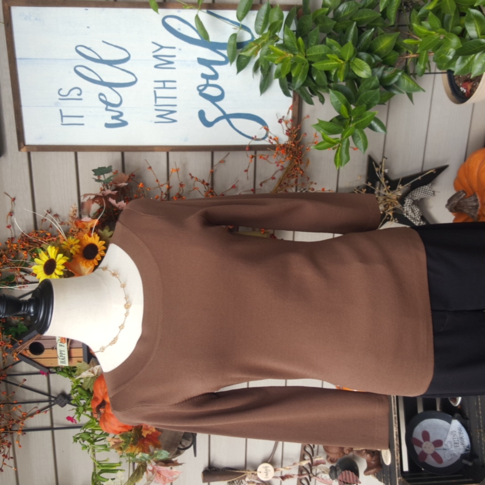 DRESSBARN ♡ Gorgeous Brown Scoop Neck 3/4 Length Pullover Blouse Sweater S
